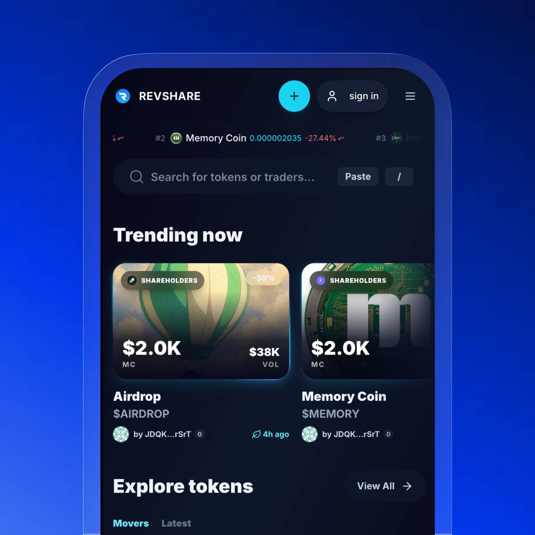 REVSHARE app interface showing trending tokens